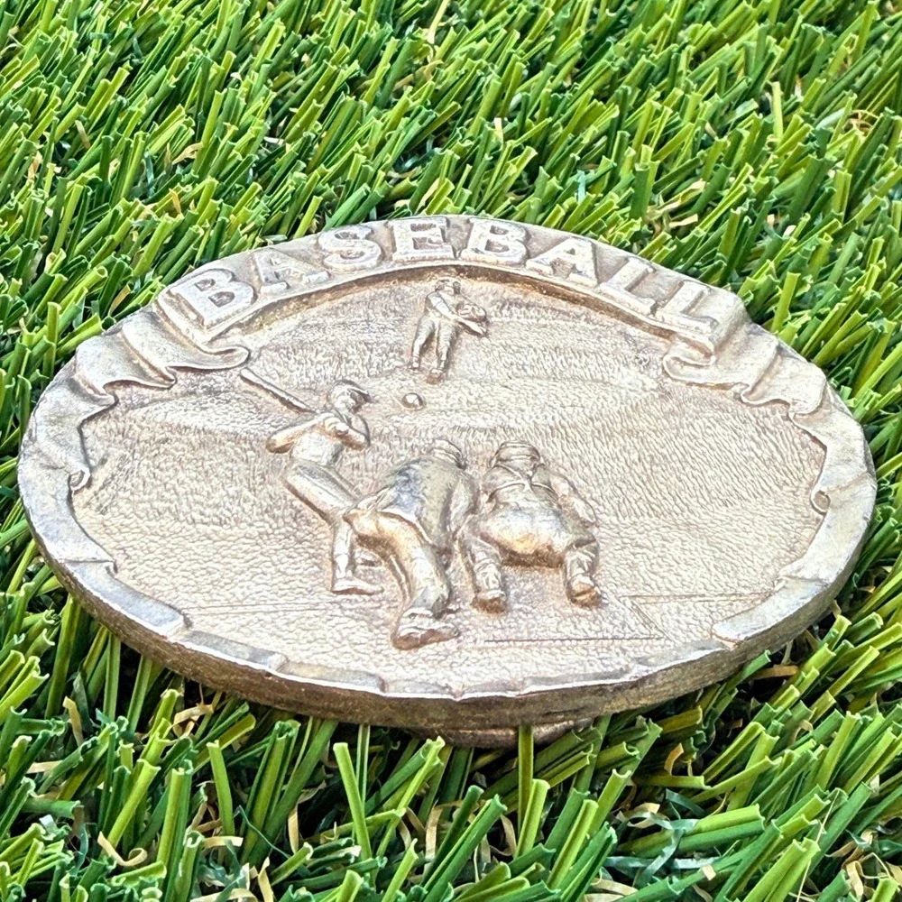 Vintage 1977 Bergamot Brass Works Baseball Belt Buckle Pewter Tone Made in USA